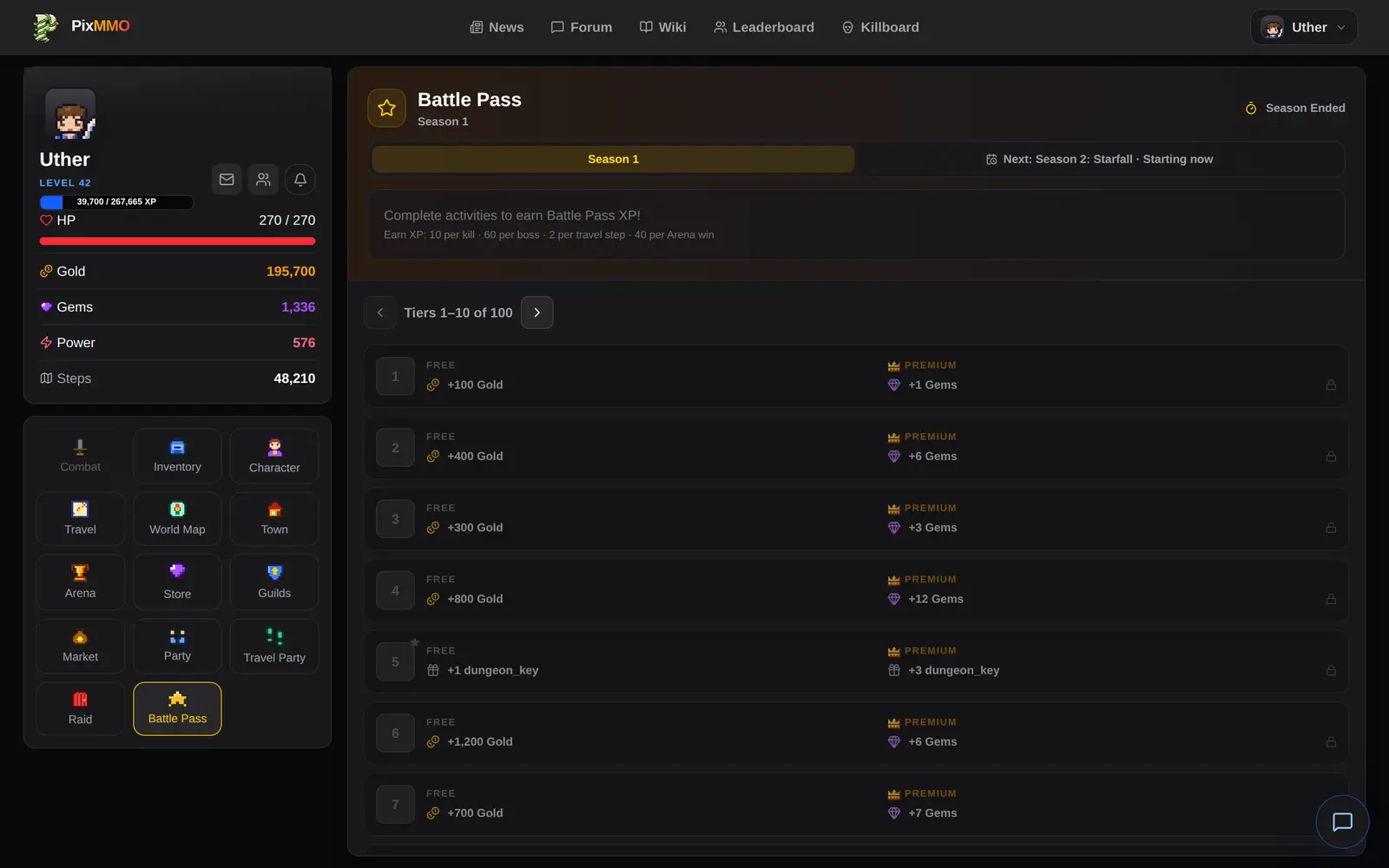 Pixmmo Battle Pass screen