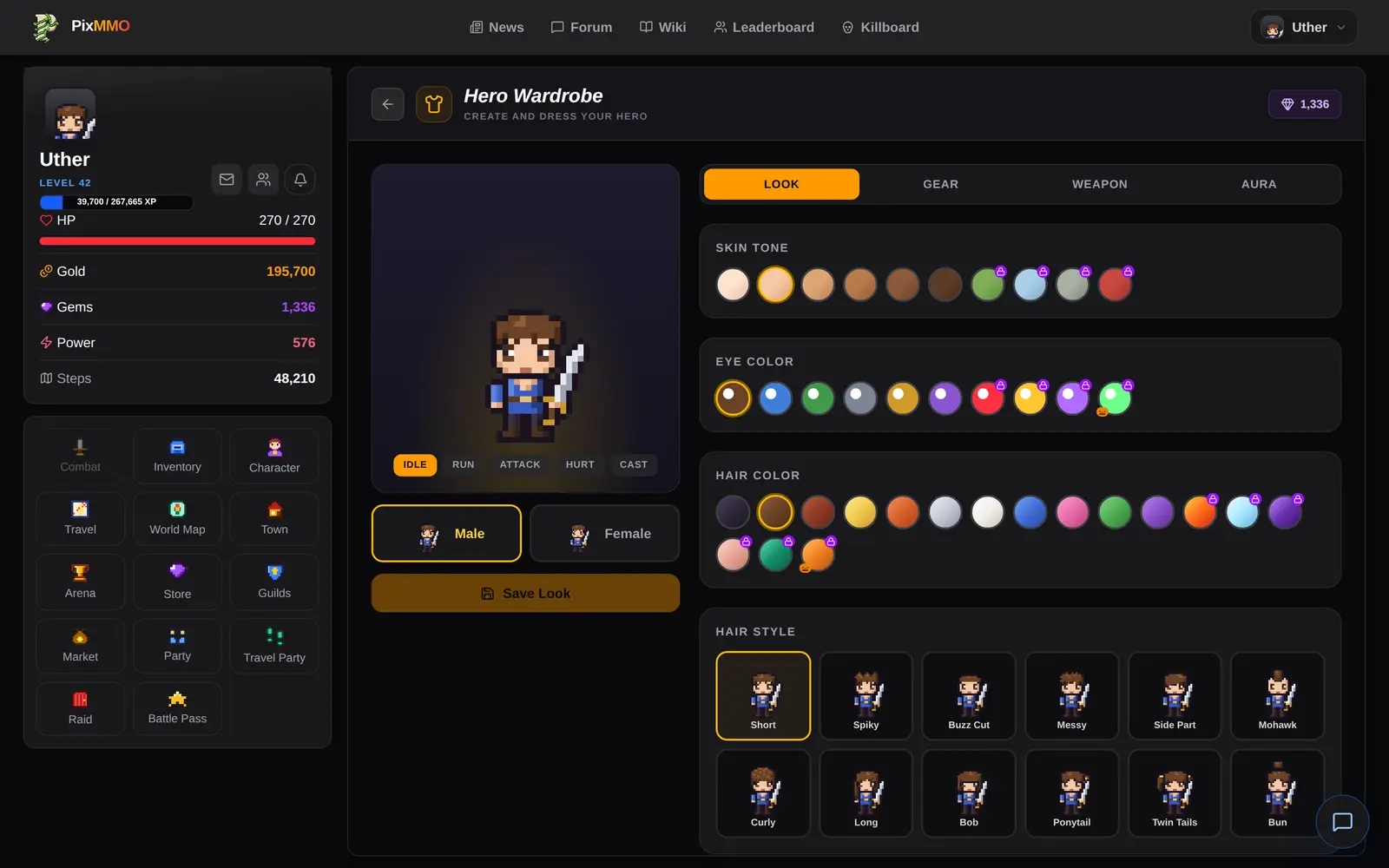Pixmmo Hero Wardrobe with skin tone, eye color, hair color and hairstyle options